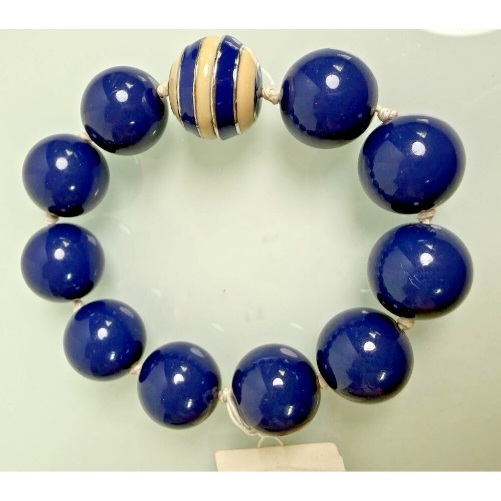 Miriam Haskell Chunky Bead Bracelet Navy Striped Accent New Magnetic Closure Vtg